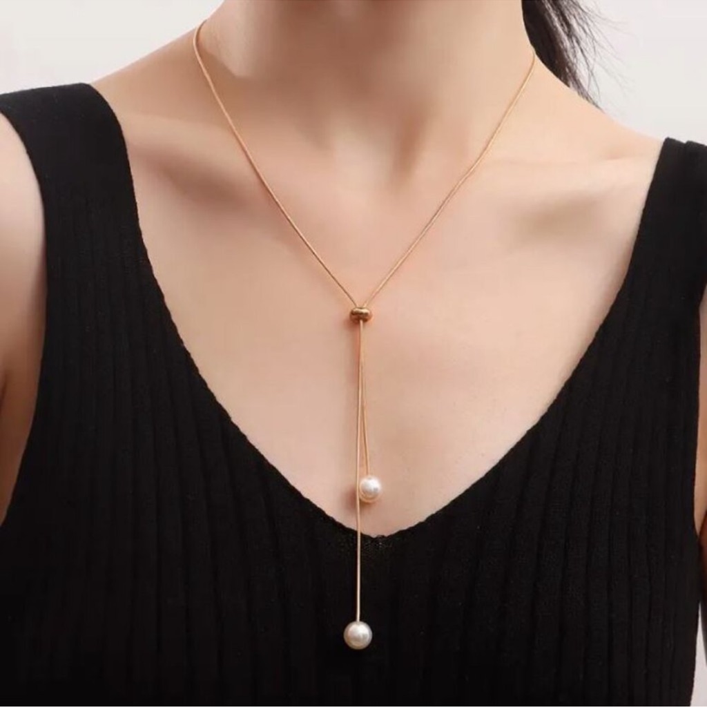 New 18k Gold Plated Minimalist Gold And White Pearl Lariat Bolo Necklace